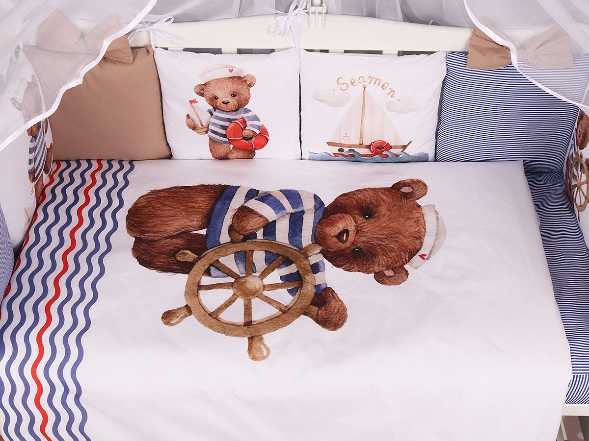 картинка Комплект детского постельного белья в кроватку, 18-ти предметный  LUX КАПИТАН (сатин, кофе/синий) от магазина Аистенок